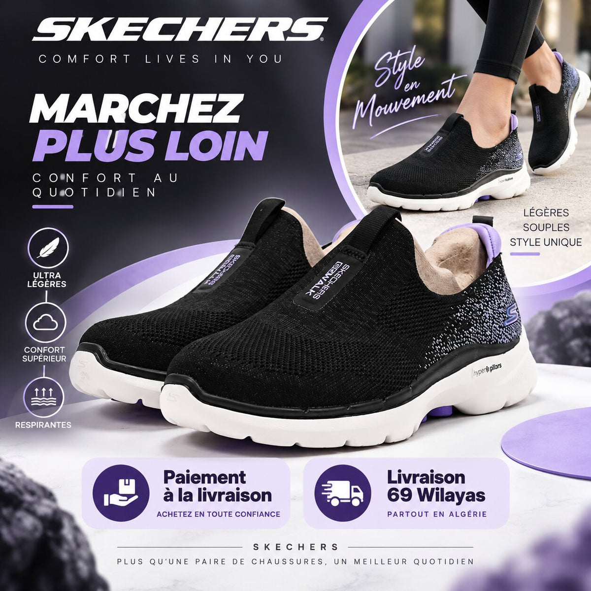 Skechers GO WALK 6 – Glimmering Walking Shoes Noir/Lavande