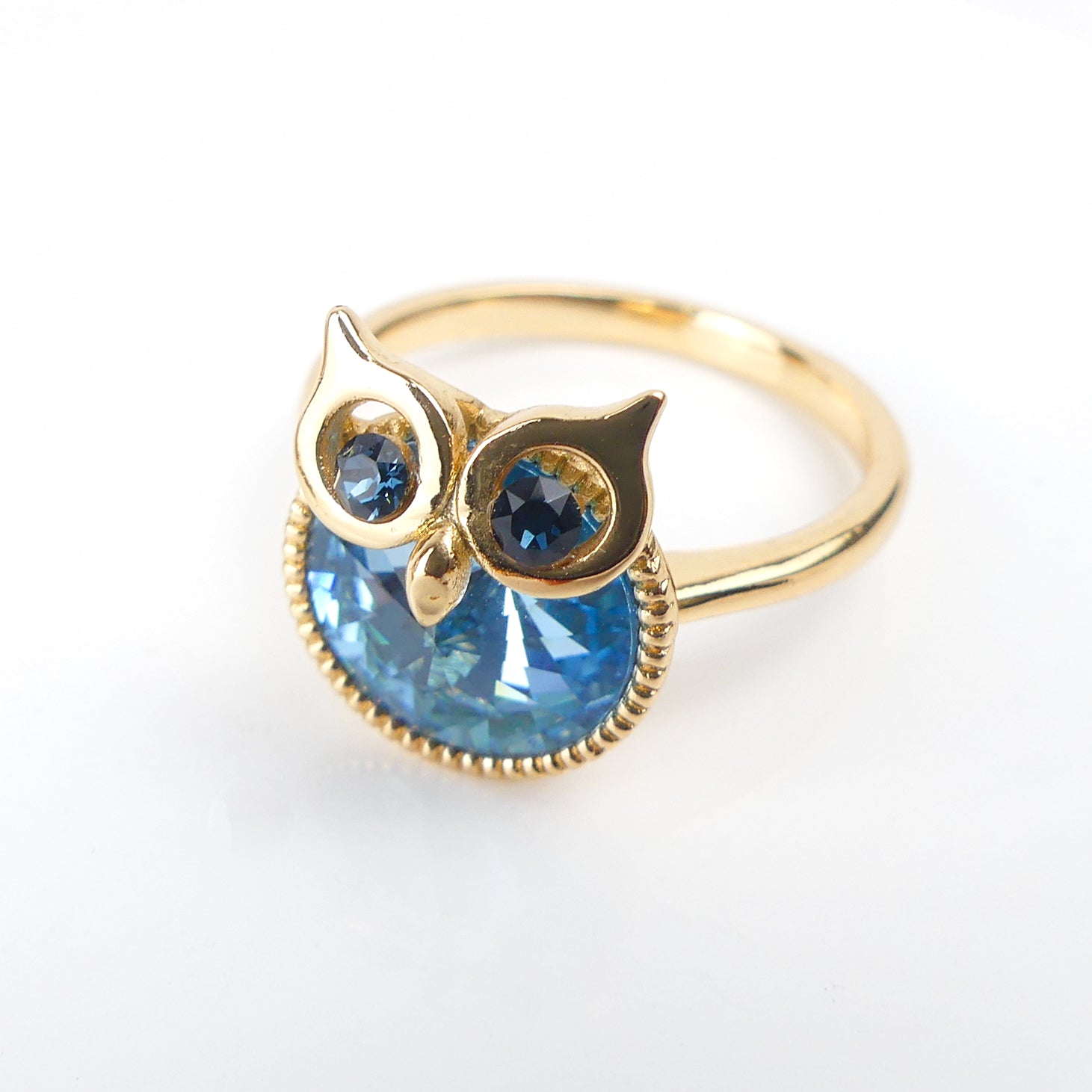 bague plaqué or pierre hibou rende bleu