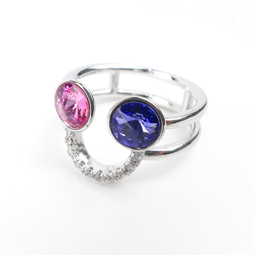 bague double anneau bleu/rose