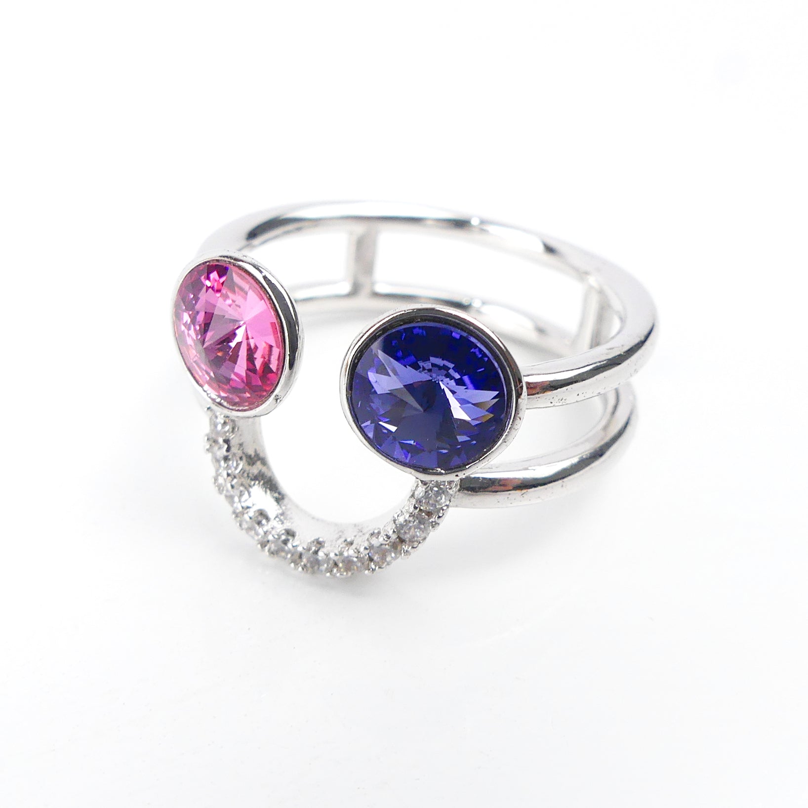 bague double anneau bleu/rose