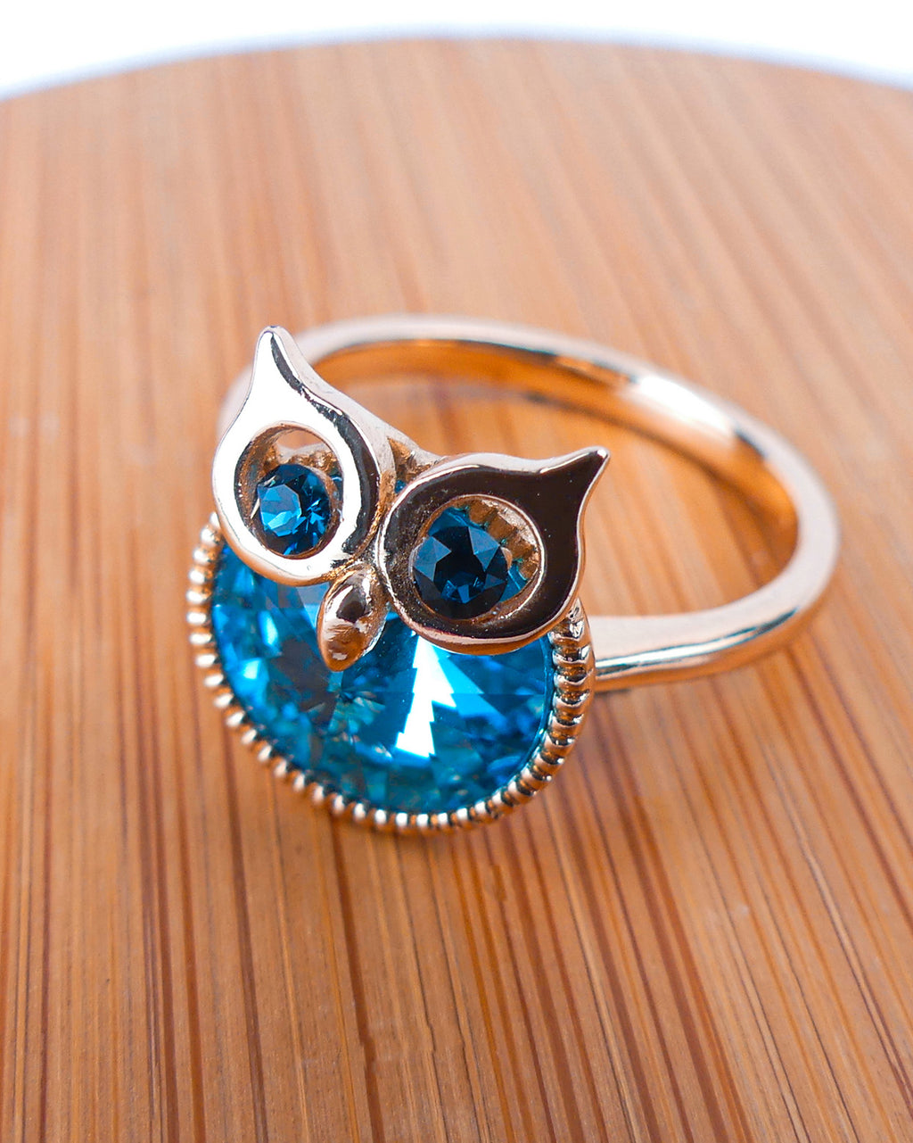 bague plaqué or pierre hibou rende bleu