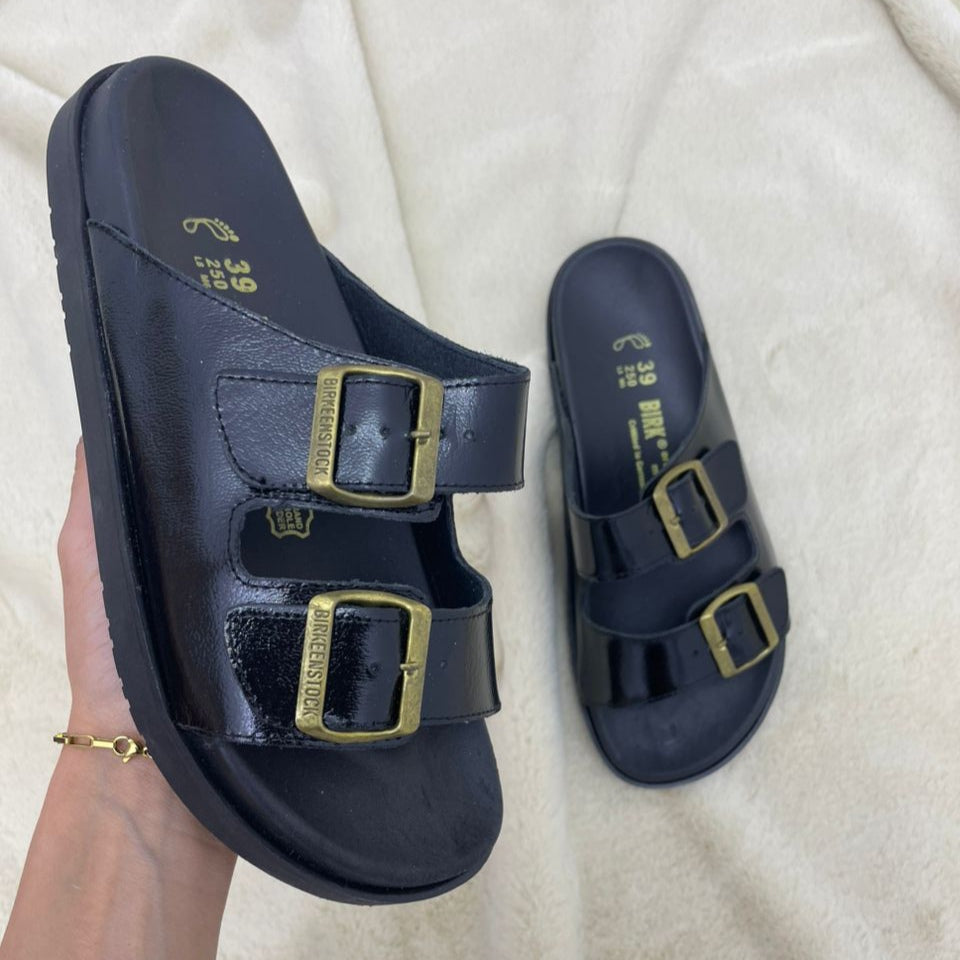 Sandales femme noir cuir glacé