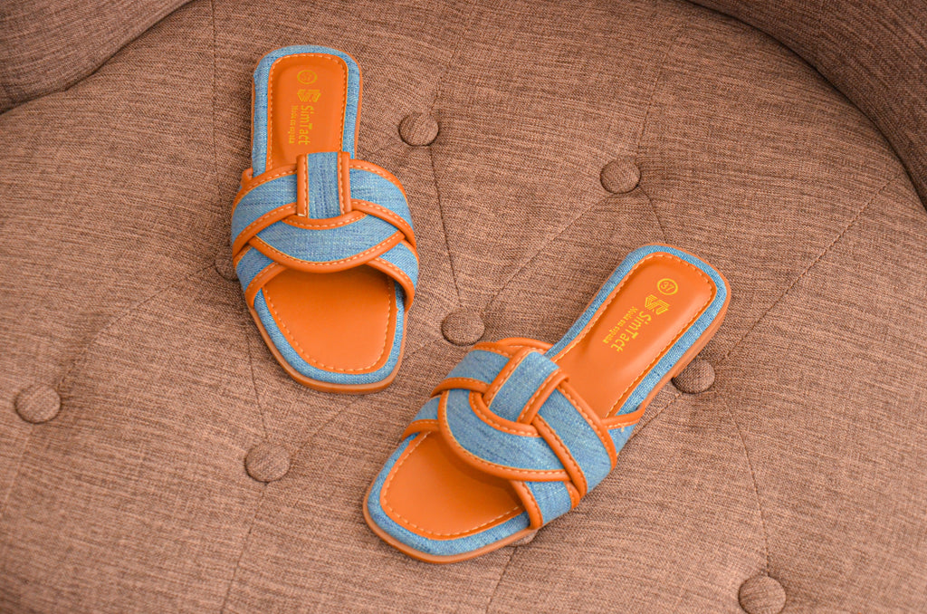 Sandales femme bleu et camel