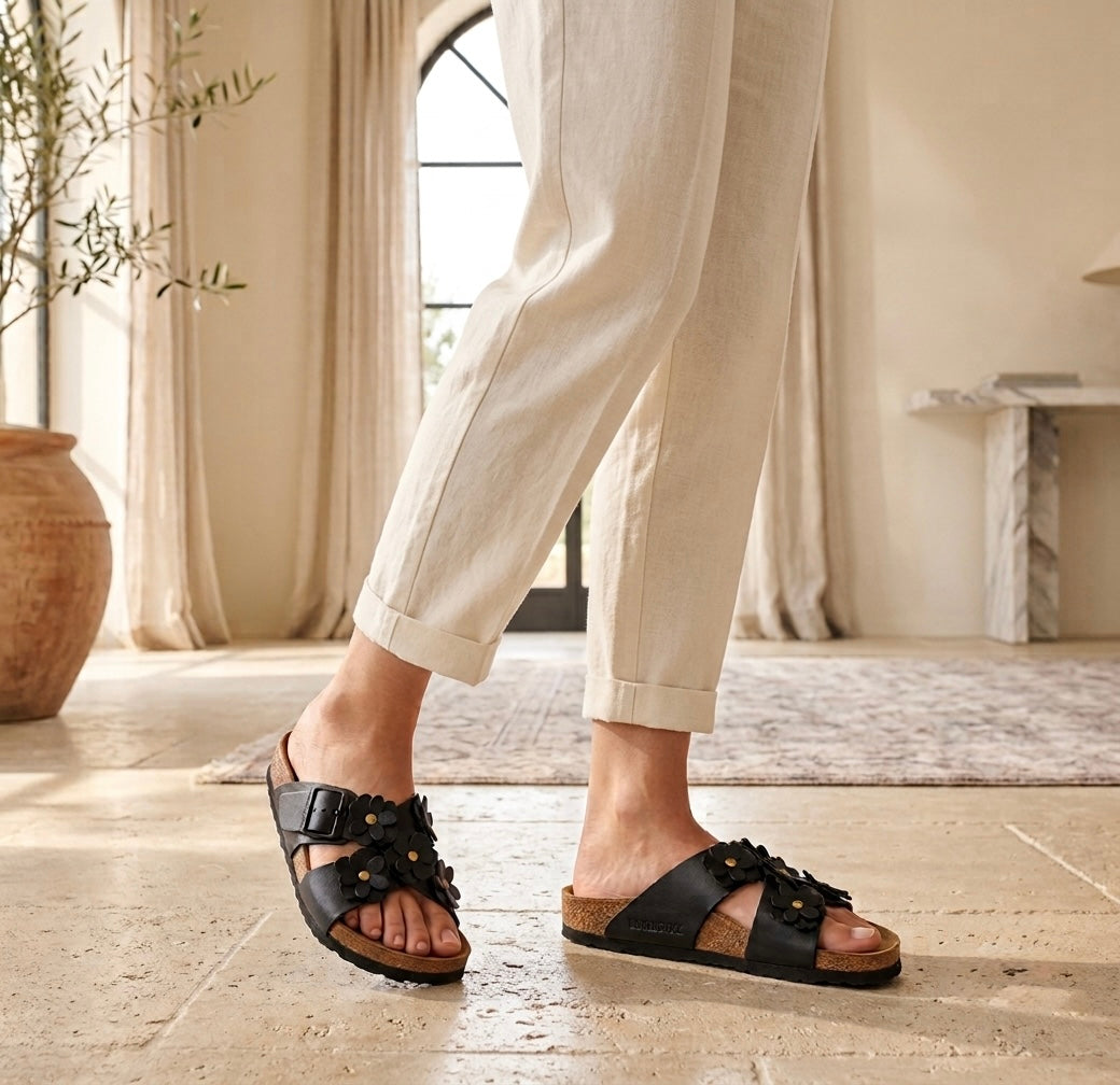 Sandales femme noir fleur