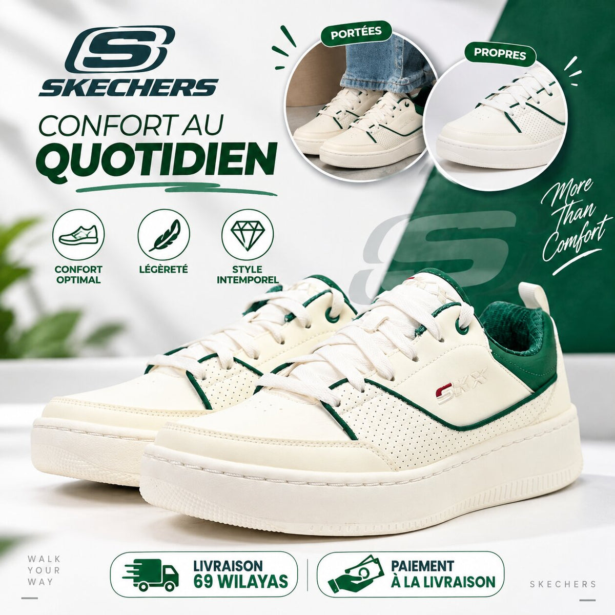 Skechers Sport Court 92 – Ottoman Sneakers Blanc/Vert