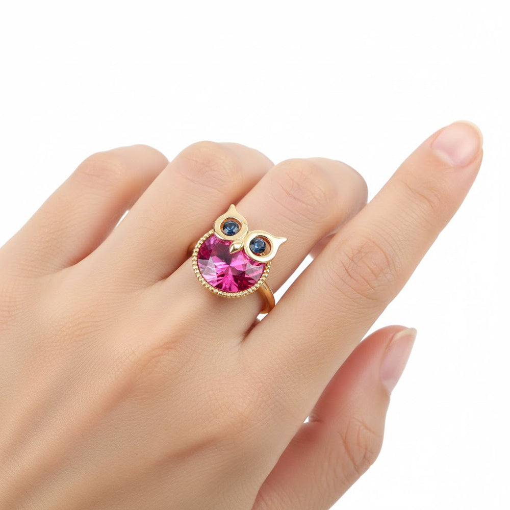 bague plaqué or pierre hibou ronde rose