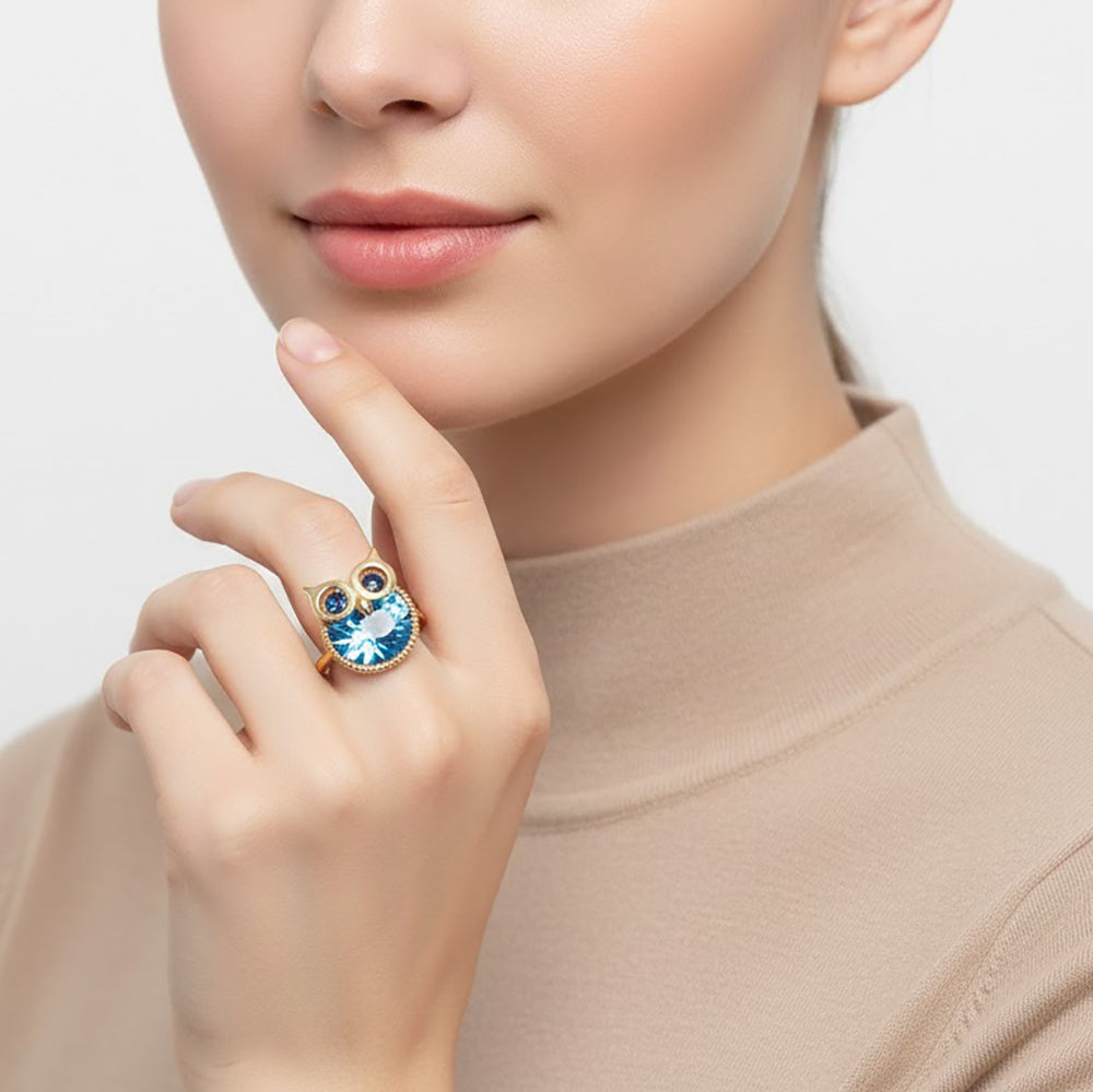 bague plaqué or pierre hibou rende bleu
